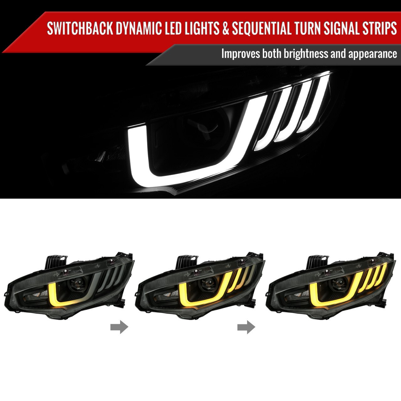 Spyder® - Signature Series Driver and Passenger Side Black LED DRL Bar Projector Headlights with Sequential Turn Signal